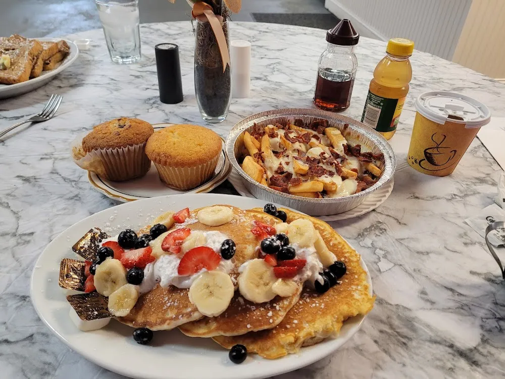 Pancakes with Fruit Coffee Mozzarella Bacon Fries